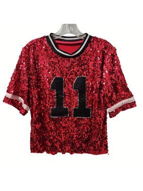 Red Sequin Football Jersey Style Top with Number 11 Short Sleeves & Ribbed